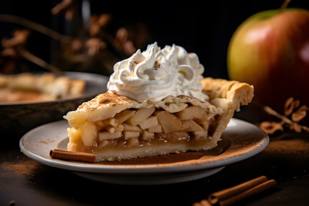 close up of a slice of pumpkin pie with whipped cream