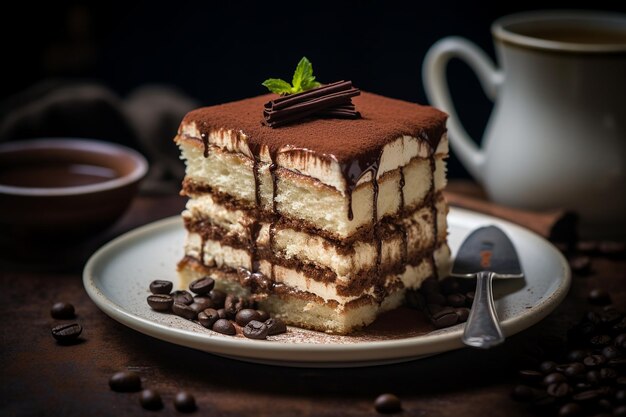 A close up of a slice of tiramisu cake with layers of coffee soaked sponge