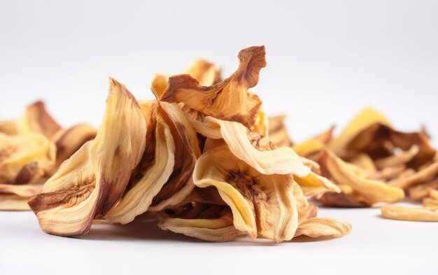 A close up sliced dried banana chips on a white background ai generated