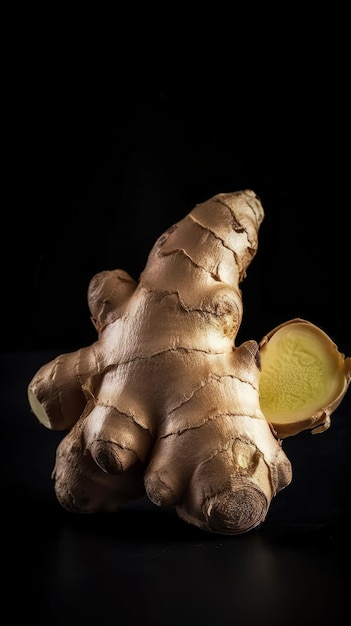 A close up of a sliced ginger on a black background generative AI