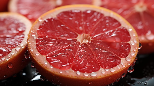 a close up of a sliced grapefruit with water drops