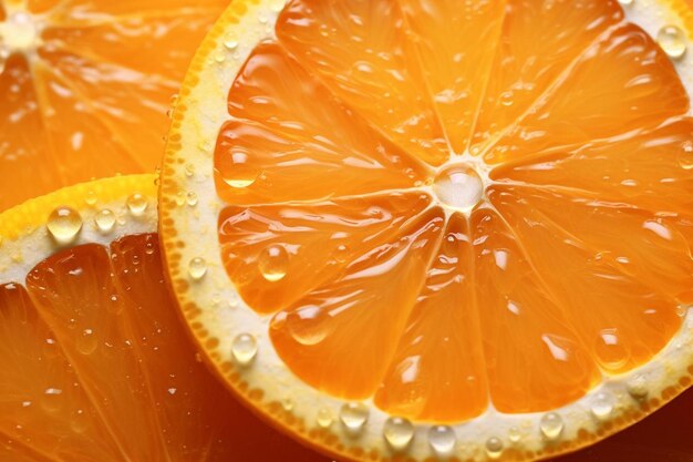 A close up of a sliced orange with water drops