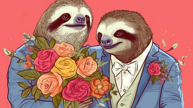 A close up of a sloth holding a bouquet of flowers generative ai