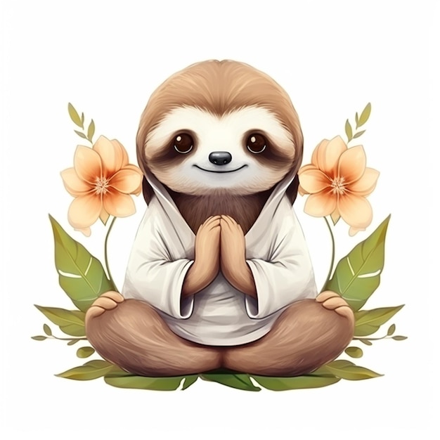 a close up of a sloth sitting in a lotus position with flowers generative ai