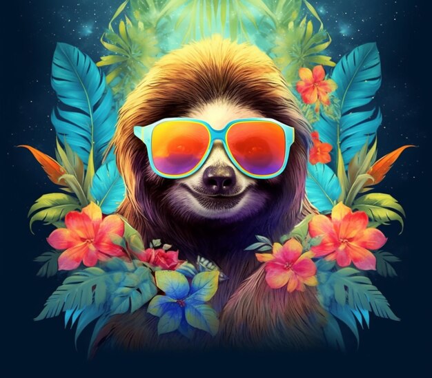 A close up of a sloth wearing sunglasses and flowers generative ai