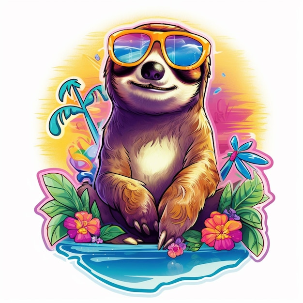 a close up of a sloth wearing sunglasses and sitting on a surfboard generative ai