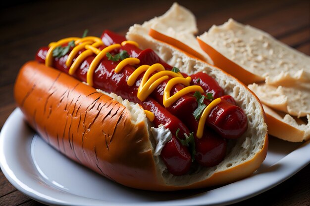 Close-up smakelijke hotdog gevuld met heerlijke ingrediënten klaar om van te genieten Gegenereerd door AI