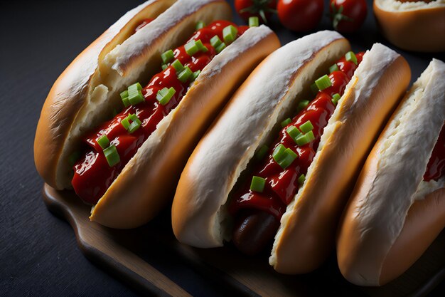 Foto close-up smakelijke hotdog gevuld met heerlijke ingrediënten klaar om van te genieten gegenereerd door ai