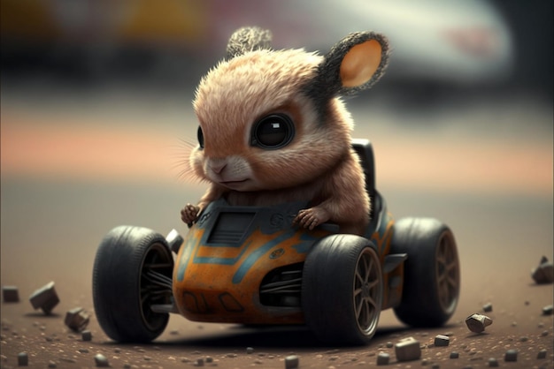 Close up of a small animal in a toy car generative ai