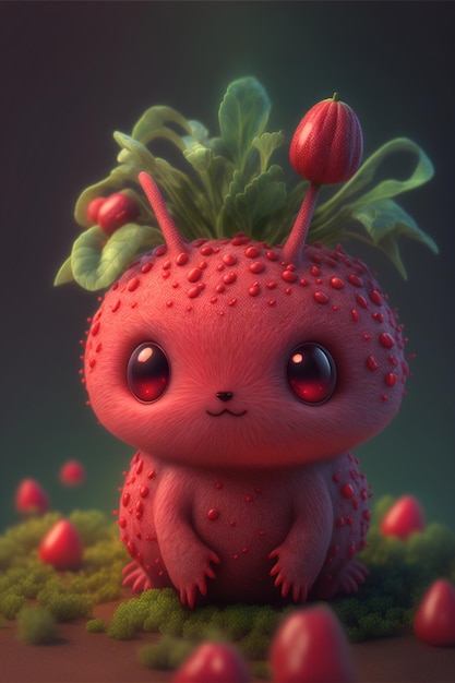 Close up of a small animal with a strawberry on its head generative ai