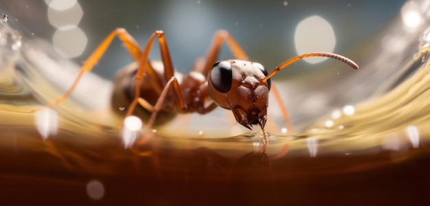 A close up of a small ant with a yellow liquid in the background