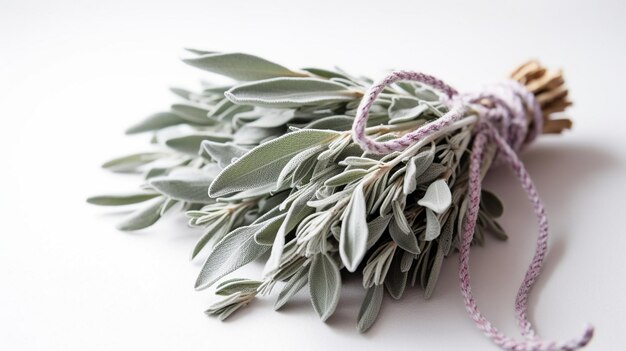 Close up of small bunch of sage tied with string on white background