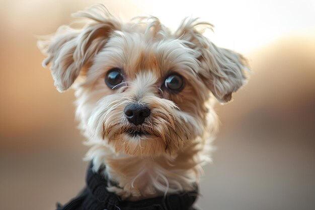 A close up of a small dog with blue eyes