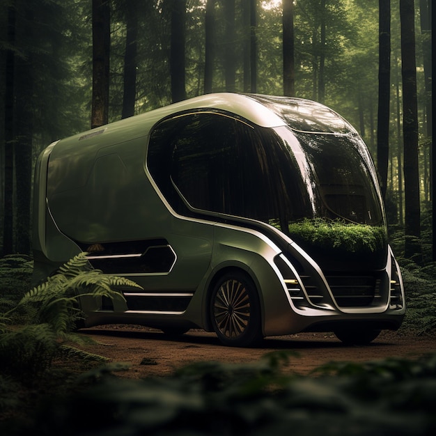Близкий взгляд на небольшую зеленую машину в лесу