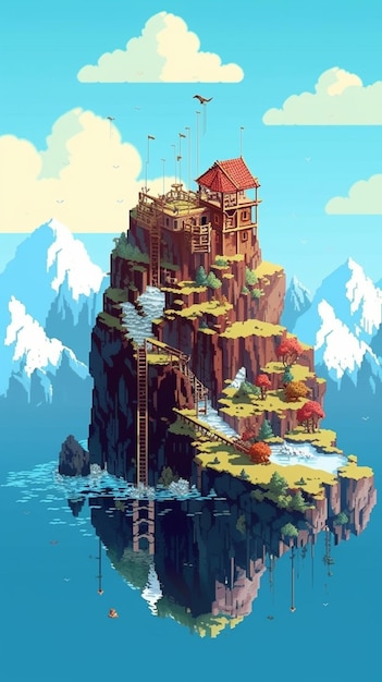 Photo a close up of a small island with a house on top of it generative ai