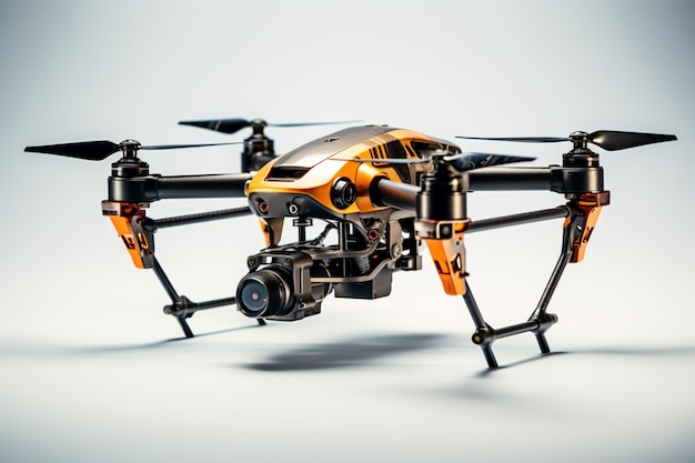 Крупный план небольшого оранжево-черного дрона на белой поверхности, генеративный искусственный интеллект