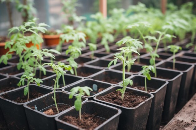 A close up of small pots of tomato plants