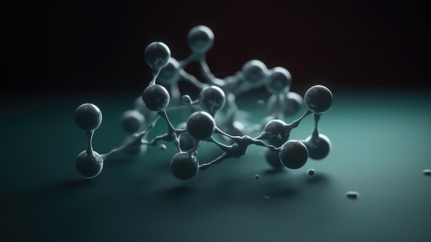 A close up of a small silver molecule with small spheres on it.