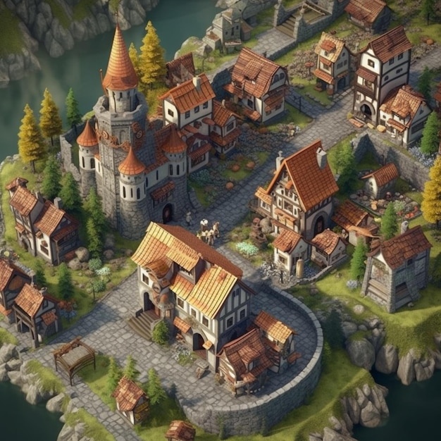 a close up of a small town with a castle on top of a hill generative ai