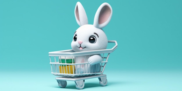 Крупный план маленького игрушечного кролика, сидящего в корзине для покупок, генеративный искусственный интеллект