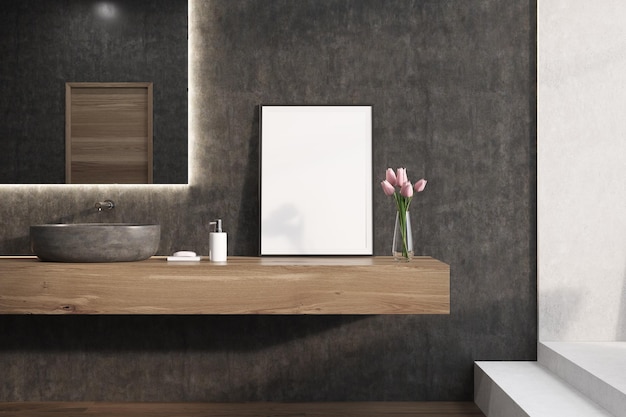 Close up of a small vertical poster standing on a wooden shelf in a bathroom near a sink and a mirror. 3d rendering mock up