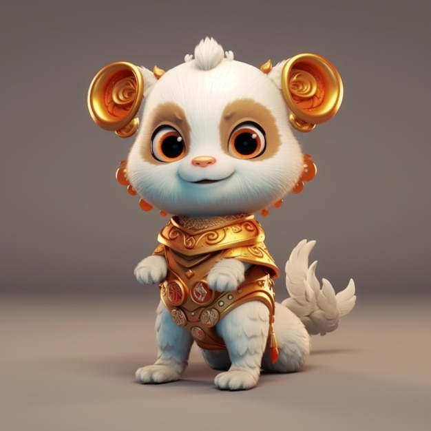 A close up of a small white dog wearing a gold outfit generative ai