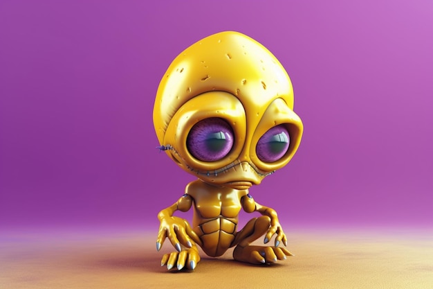 Близкий взгляд на маленького желтого инопланетянина с большими глазами.