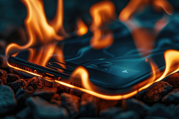 a close up of a smart phone in the form of an burn on fire