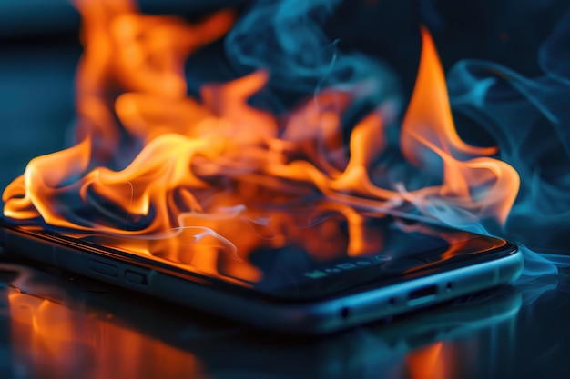 a close up of a smart phone in the form of an burn on fire