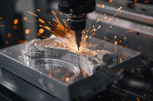 Photo close up of smart worker hands holding drill with sparkling from machine aig