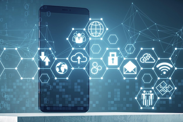Close up of smartphone with creative digital hexagonal pattern with various business icons on blurry polygonal background Digital dashboard and data concept 3D Rendering