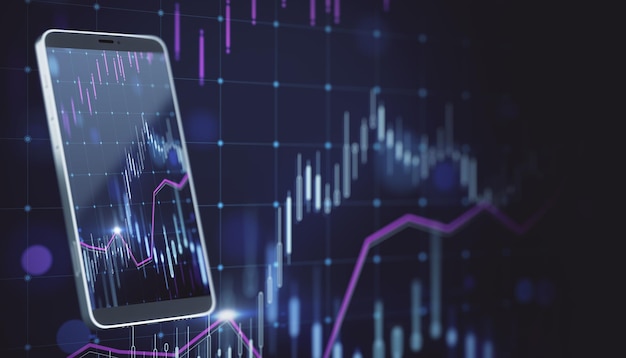 Close up of smartphone with growing blue forex chart hologram on blurry dark grid index background Banking invest and financial growth concept 3D Rendering