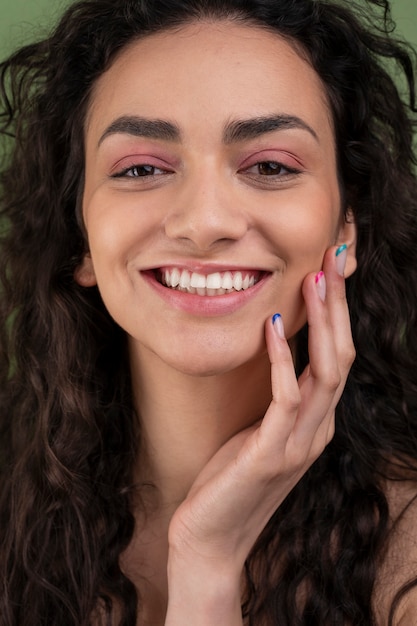 Close up smiley woman with beautiful manicure