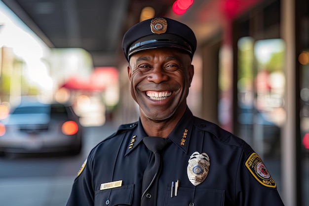 写真 帽子をかぶって制服を着た街の通りで笑顔のアメリカ人警官を接写する