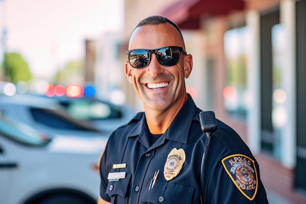 写真 制服を着た街の通りで笑顔のアメリカ人警官の接写