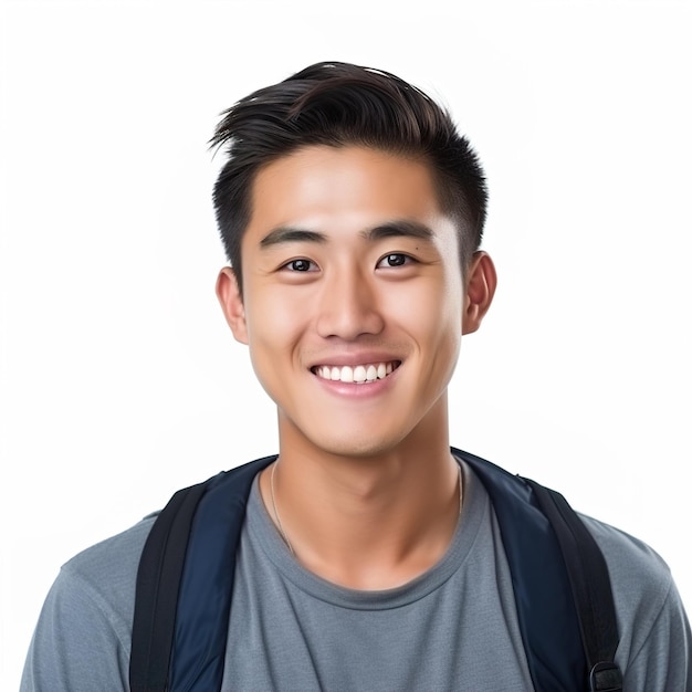 笑顔のアジア系男子大学生が白人の背景で孤立している Close Up of a Smiling Asian Male University Student