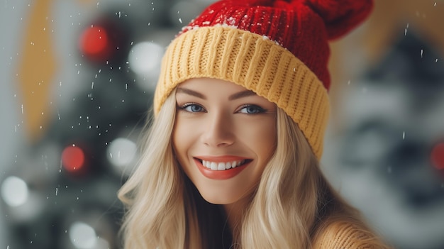 雪が降っている赤と黄色の織り帽子をかぶった笑顔のブロンドの美しい女の子