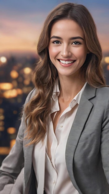 Close up of smiling businesswoman pointing up