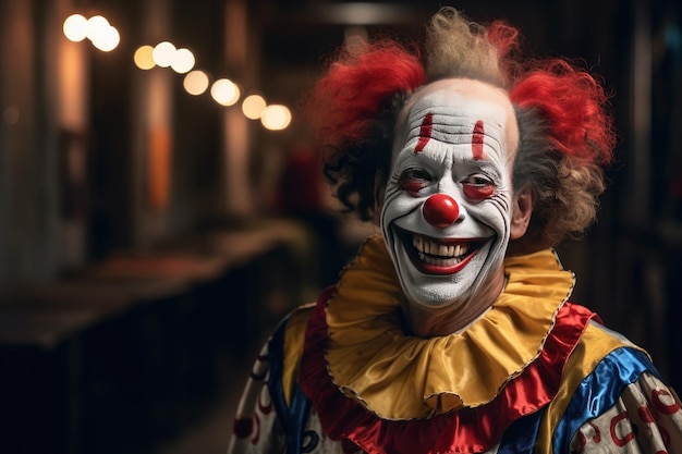 close up smiling clown with red nose with curly hair