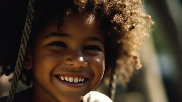 Фото Крупным планом улыбающееся лицо молодая афроамериканская девушка играет на качелях счастье детство свобода жизненная сила веселье на открытом воздухе беззаботный солнечный свет генеративный ai aig20