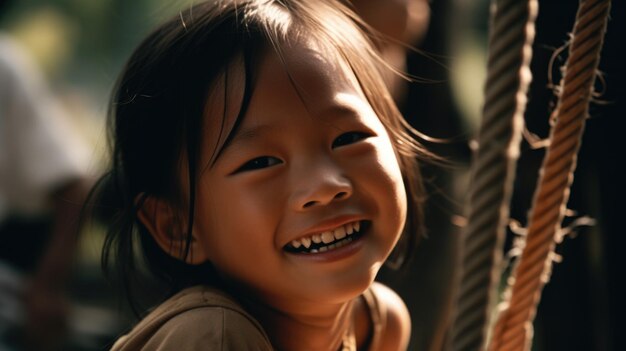 Крупным планом улыбающееся лицо молодая азиатская девушка, играющая на качелях счастье детство свобода жизненная сила веселье на открытом воздухе беззаботный солнечный свет Генеративный AI AIG20