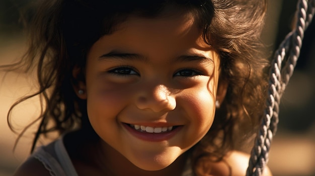 Close up smiling face young hispanic girl playing on a swing happiness childhood freedom vitality outdoor fun carefree sunlight Generative AI AIG20