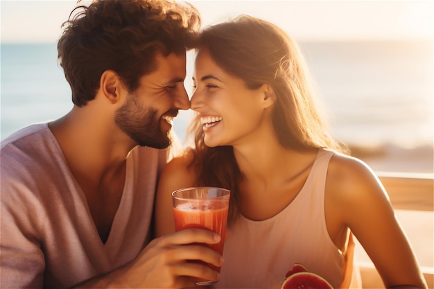 Close up of a smiling laughing couple together holding drink