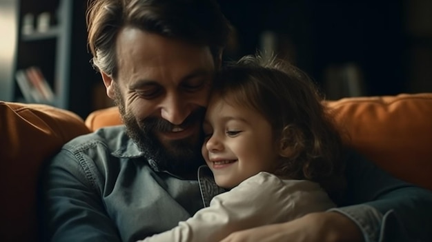 娘を抱きしめる笑顔の愛情深い若い父親の接写 生成 AI