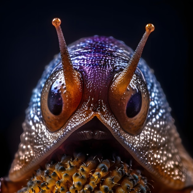 A close up of a snail face with the head of a flower on it.