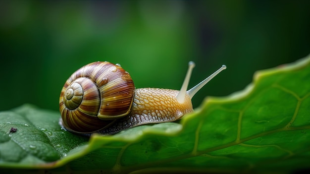 Close up of a snail on a plant leaf Generated ai