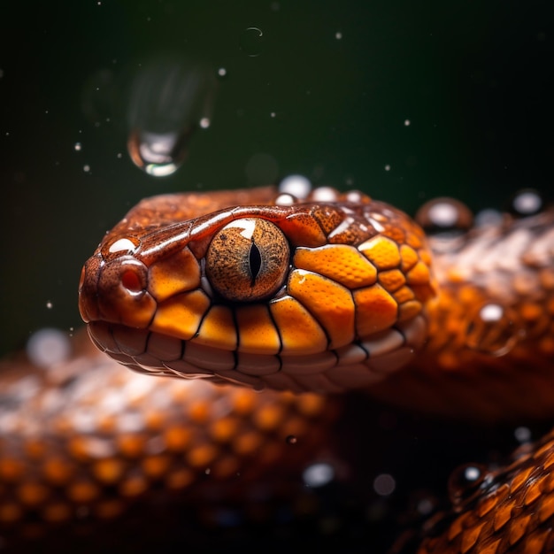 A close up of a snake's head with the eye of a snake