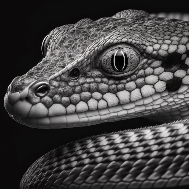 A close up of a snake's head with the eye visible.