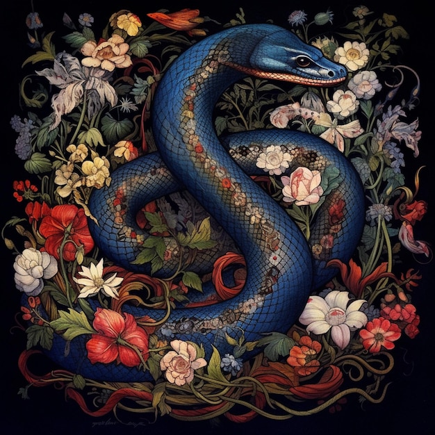 Photo a close up of a snake with flowers and vines on a black background generative ai