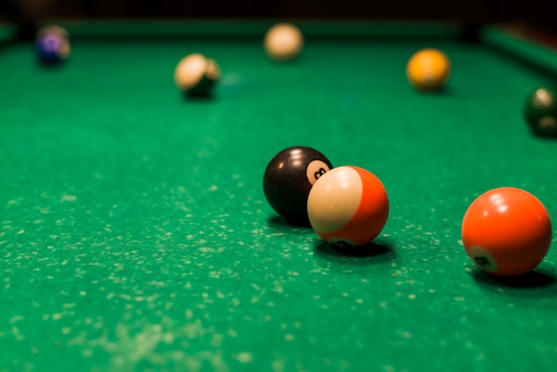 Close-up of snooker balls on snooker table